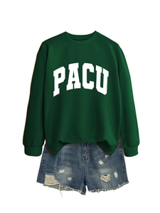 Detail of dark green PACU crewneck sweatshirt and blue ripped denim shorts outfit set