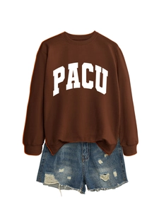 Detail of dark brown PACU crewneck sweatshirt and distressed blue denim shorts