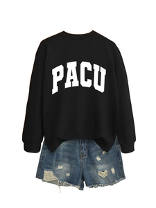 Close-up of black PACU letter sweatshirt paired with distressed blue denim shorts