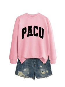 Flat lay of pink PACU letter sweatshirt paired with distressed blue denim shorts