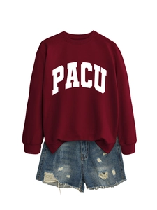 Detail of burgundy crewneck sweatshirt with PACU letters and ripped denim shorts set