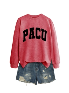 Detail of coral pink crewneck sweatshirt with PACU letter print and ribbed neckline