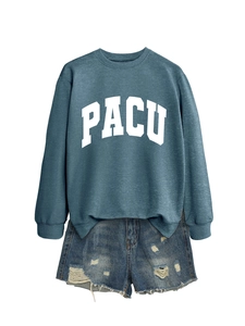 Detail of blue-grey PACU sweatshirt paired with distressed denim shorts on white background