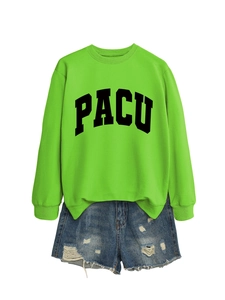 Detail of green PACU sweatshirt with collegiate lettering and distressed denim shorts