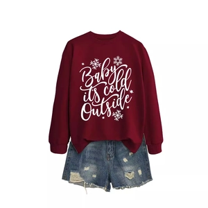 Deep red Baby It's Cold Outside crewneck sweatshirt with snowflakes and denim shorts