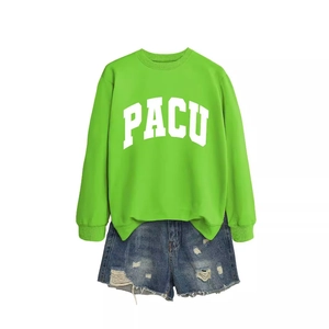 Neon green PACU letter print sweatshirt with distressed denim shorts casual set