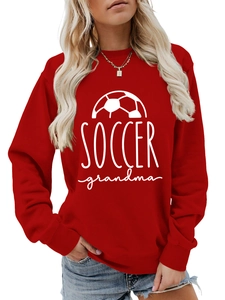 Detail view of the ribbed cuffs and Soccer Grandma print on this red crewneck sweatshirt