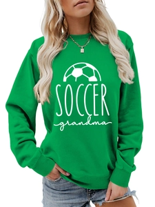Detail of green soccer grandma sweatshirt with ribbed cuffs and white graphic print