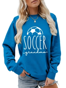 Close-up of Soccer Grandma graphic print on bright blue long-sleeved crewneck sweatshirt
