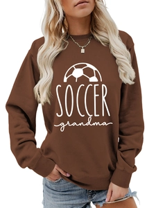 Detail of the Soccer Grandma graphic print on a coffee brown long sleeve sweatshirt