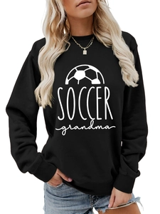 Detail of Soccer Grandma print on a black crewneck sweatshirt with ribbed cuffs