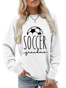 Detail of white cotton sweatshirt with Soccer Grandma print and football graphic