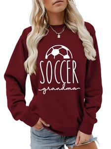 Detail of Soccer Grandma print on maroon long-sleeved sweatshirt with ribbed cuffs