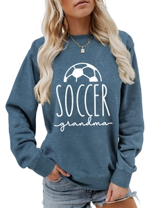 Detail of blue-gray Soccer Grandma sweatshirt showing the round neck and printed graphics