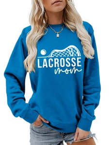 Detail of blue Lacrosse Mom sweatshirt showing white graphic print and ribbed cuffs