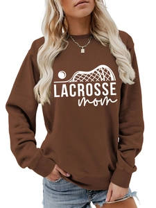 Close-up of brown crewneck sweatshirt featuring white LACROSSE mom graphic print design