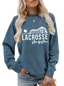 Detail of blue Lacrosse Mom sweatshirt showing white graphic print and ribbed cuffs