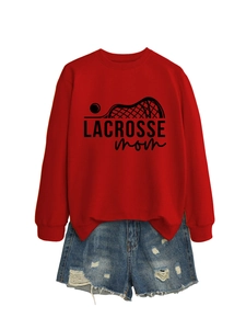 Detail of red crewneck sweatshirt with Lacrosse Mom print and distressed denim shorts