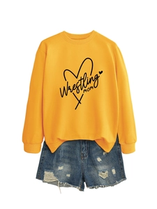 Detail of Wrestling Mom print on ginger long sleeve sweatshirt with heart graphic