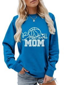 Close-up of ribbed neckline and Basketball MOM print on navy blue sweatshirt