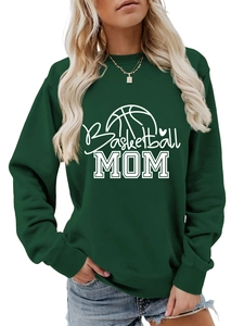 Detail of dark green basketball mom sweatshirt with white graphic print and ribbed cuffs