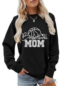 Close-up of Basketball MOM graphic print on a black crewneck sweatshirt with ribbed collar