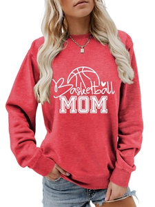Detailed close-up of red crewneck sweatshirt featuring Basketball Mom graphic print