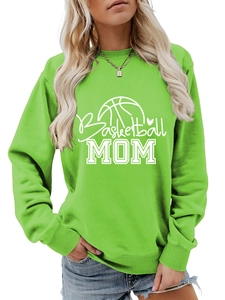 Detail showing the white silk-screen Basketball MOM print on a vibrant green sweatshirt