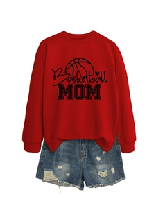 Red Basketball Mom crewneck sweatshirt paired with distressed blue denim shorts