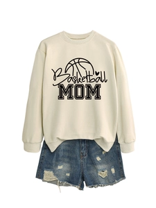 Detail of beige crewneck sweatshirt featuring black Basketball MOM graphic print