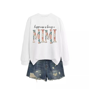 Happiness is being a MIMI white sweatshirt and distressed denim shorts outfit set