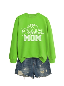 Detail of Basketball MOM print on green crewneck sweatshirt with denim shorts