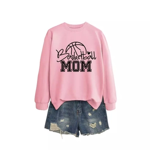 Pink Basketball Mom sweatshirt set with denim shorts on a clean white background