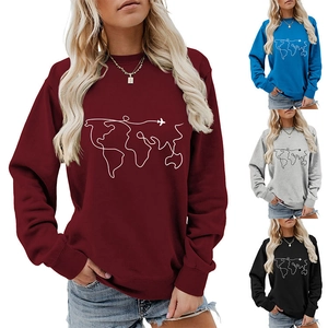 Detail view of four colors available for long sleeve world map and airplane sweatshirt