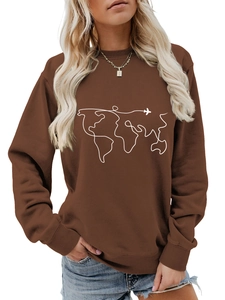 Detail of world map and airplane print on brown long sleeve crewneck sweatshirt for women