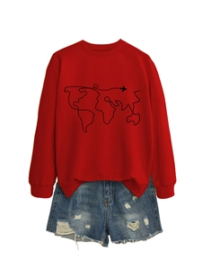 Detail of red crewneck sweatshirt with airplane world map print and ripped denim shorts