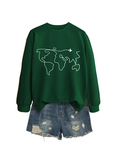 Detail of green crewneck sweatshirt with white world map and airplane line print