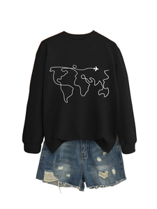 Detail of world map and airplane print on black crewneck long sleeve sweatshirt