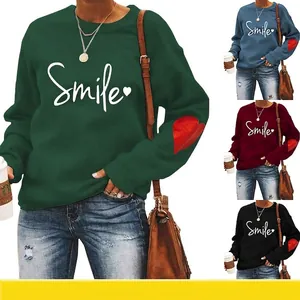 Women Sweatshirt Cotton Blend Smile Letter Heart Print Crew Neck Long Sleeve Loose Casual Streetwear Top