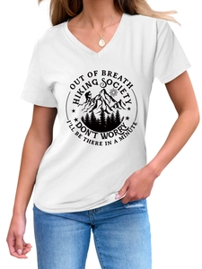 Detailed close-up of white V-neck cotton T-shirt featuring vintage hiking society print