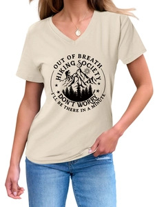 Detail of V-neck beige cotton T-shirt featuring Out of Breath Hiking Society graphic print
