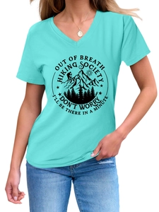 Close-up of V-neck teal T-shirt with Out of Breath Hiking Society mountain print