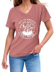 Close-up of V-neck T-shirt in dusty rose with hiking society mountain print detail