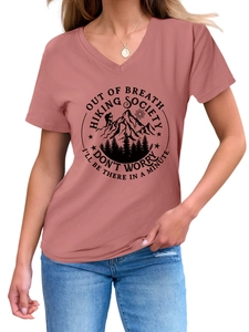 Detail of V-neck T-shirt in dusty pink featuring Out of Breath Hiking Society print