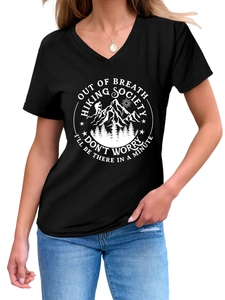 Detail of V-neck cotton T-shirt featuring Out of Breath Hiking Society graphic print