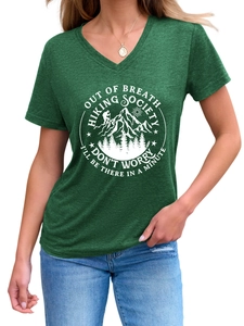 Close-up of V-neck short sleeve tee in dark green with outdoor hiking society print