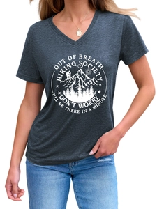 Close-up of V-neck cotton T-shirt with 'Out of Breath Hiking Society' mountain print