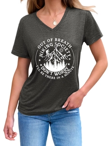Detail of V-neck T-shirt showing Out of Breath Hiking Society print on heather grey fabric