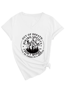 Macro detail of V-neck white T-shirt featuring Out of Breath Hiking Society graphic print