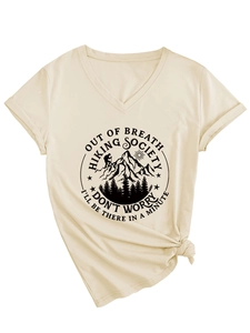 Detail of V-neck beige t-shirt with Out of Breath Hiking Society mountain print design